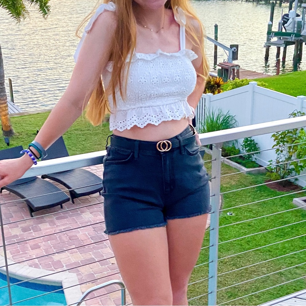 Le Lis Smocked Eyelet Embroidered Tie Crop Top